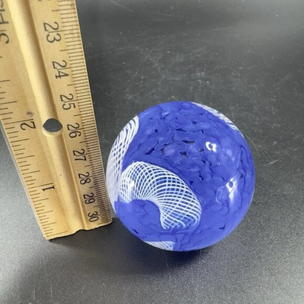Murano Art Glass Paperweight Orb Cobalt Blue White Cane Venetian Italy Glass VTG